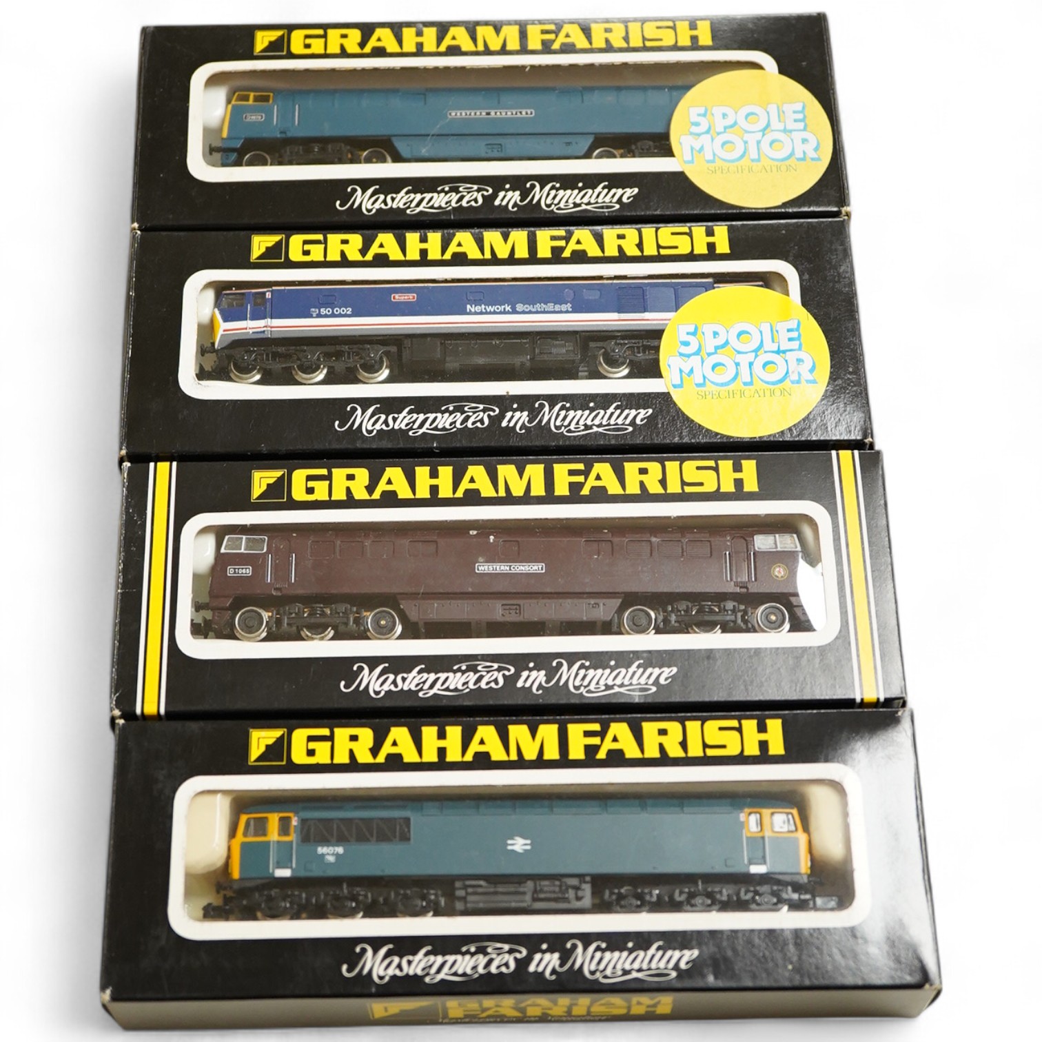 Four boxed Graham Farish N gauge railway diesel locomotives; a Network SouthEast class 50, Superb 50 002 (8408), a BR class 56, 56076 (8055), a BR class 52, Western Gauntlet D1070, (8425) and a BR class 52, Western Conso